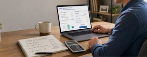 Man at a desk looking at laptop calculating premium tax credits
