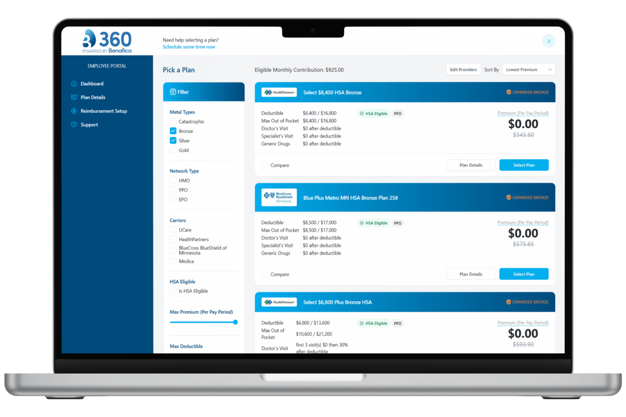 BEN360 choose a plan dashboard