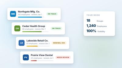 cards showing broker employers in ICHRA platform with statuses