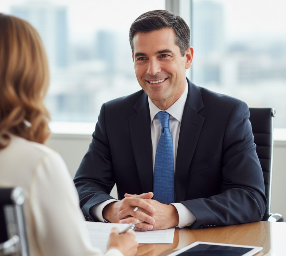 an employee benefits broker talking to a client in office setting